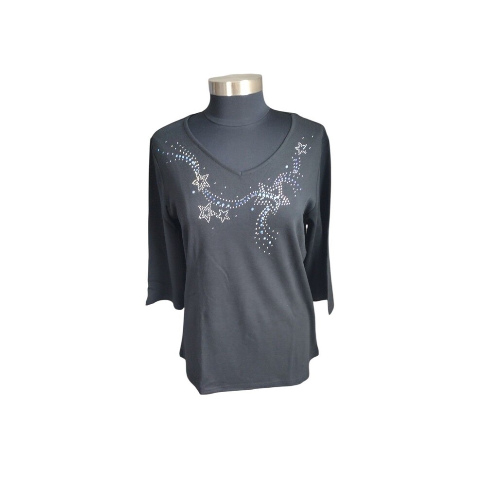 Quacker Factory Medium Black Studded Shooting Star 3/4 Sleeve V Neck Tunic Top